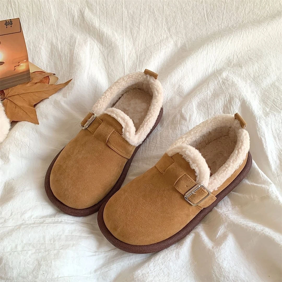 勃肯鞋加绒女软底2025新款复古秋冬鞋子厚底豆豆平底保暖毛毛棉鞋