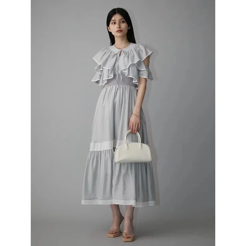 【DD外贸】 夏季新款 E 醋酸柔软气质撞色荷叶边连衣裙