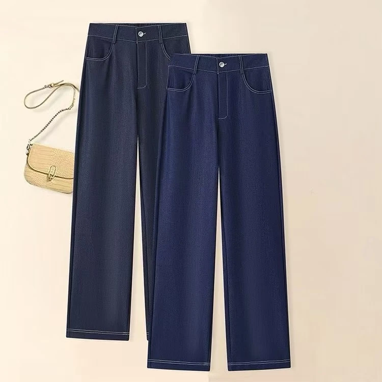 春夏新款爆款时尚百搭显瘦半松紧腰明线直筒弹力休闲牛仔裤8002