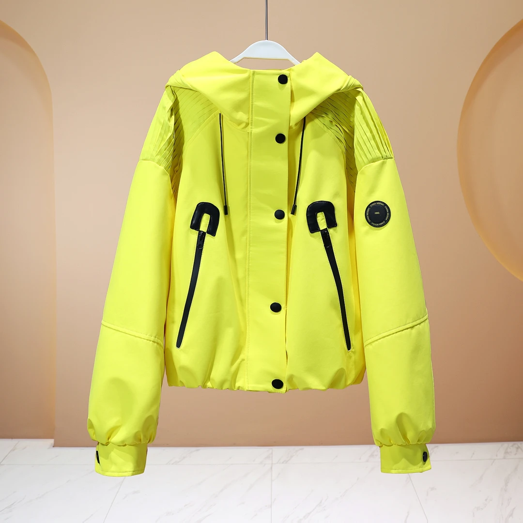 【程二女装】2025春季小众欧货扩版亮黄色连帽拼接纯色冲锋衣5921
