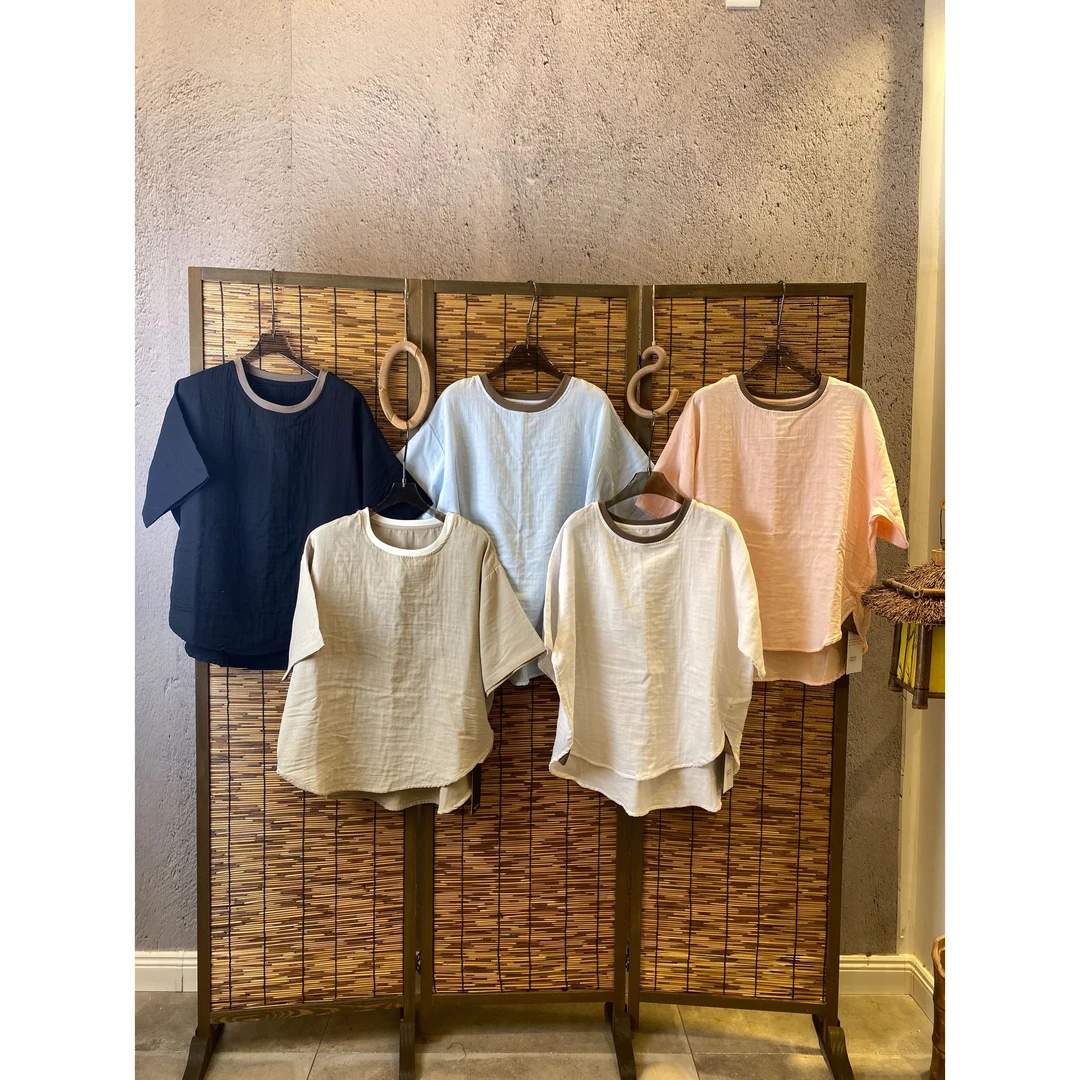 【主播推荐】女士纯色拼领撞色圆领T恤1027