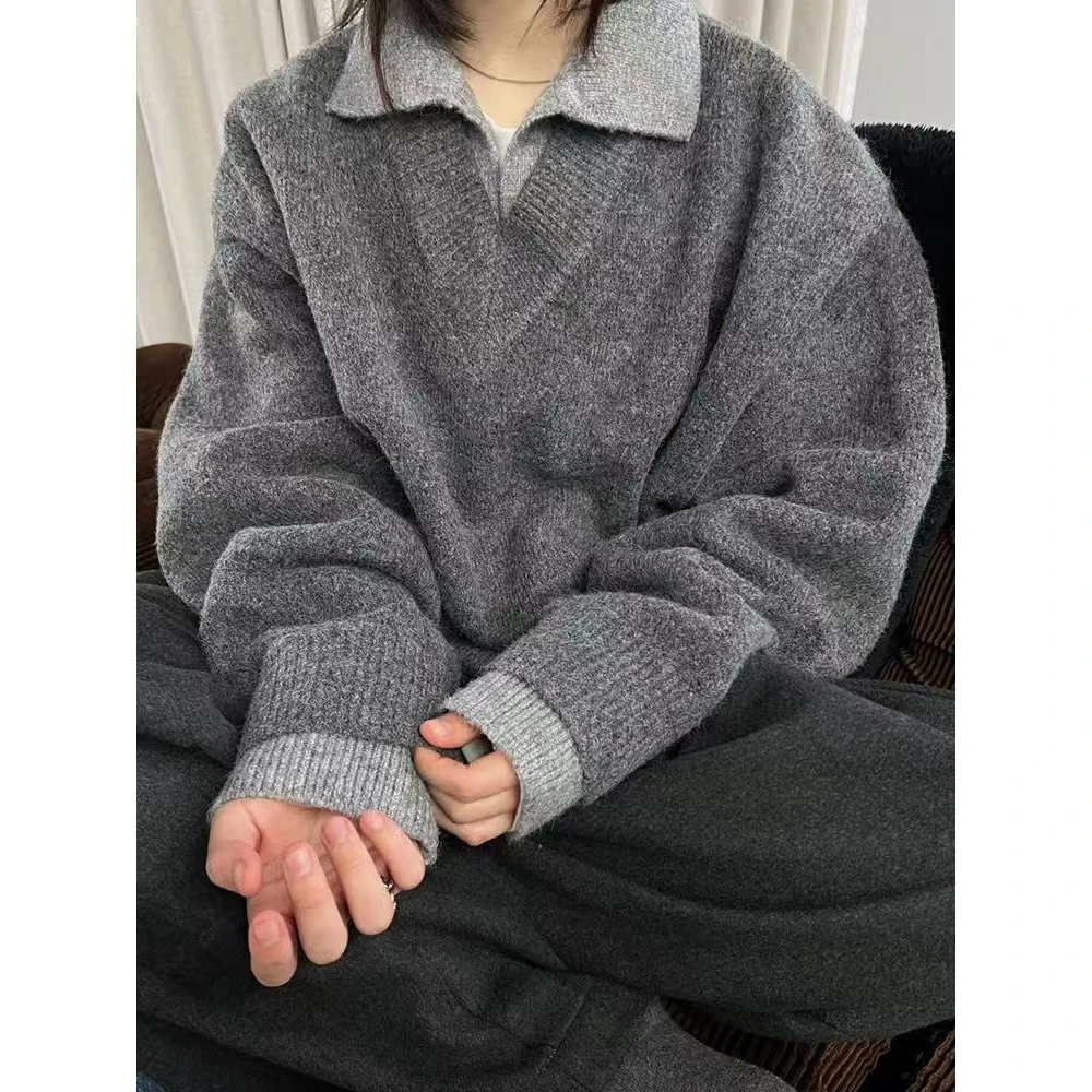 美式复古假两件v领毛衣男女秋冬翻领老钱风针织衫慵懒风外套