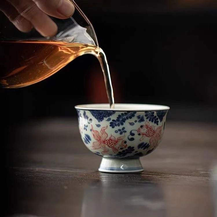 青花釉里红陶瓷主人杯一人饮个人专用泡茶杯家用茶具品茗杯中式