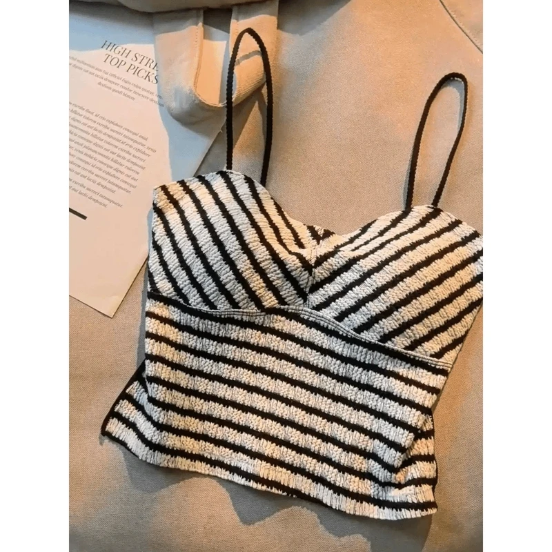 自带胸垫!纯欲辣妹经典黑白条纹吊带背心女夏内搭设计感外穿上衣