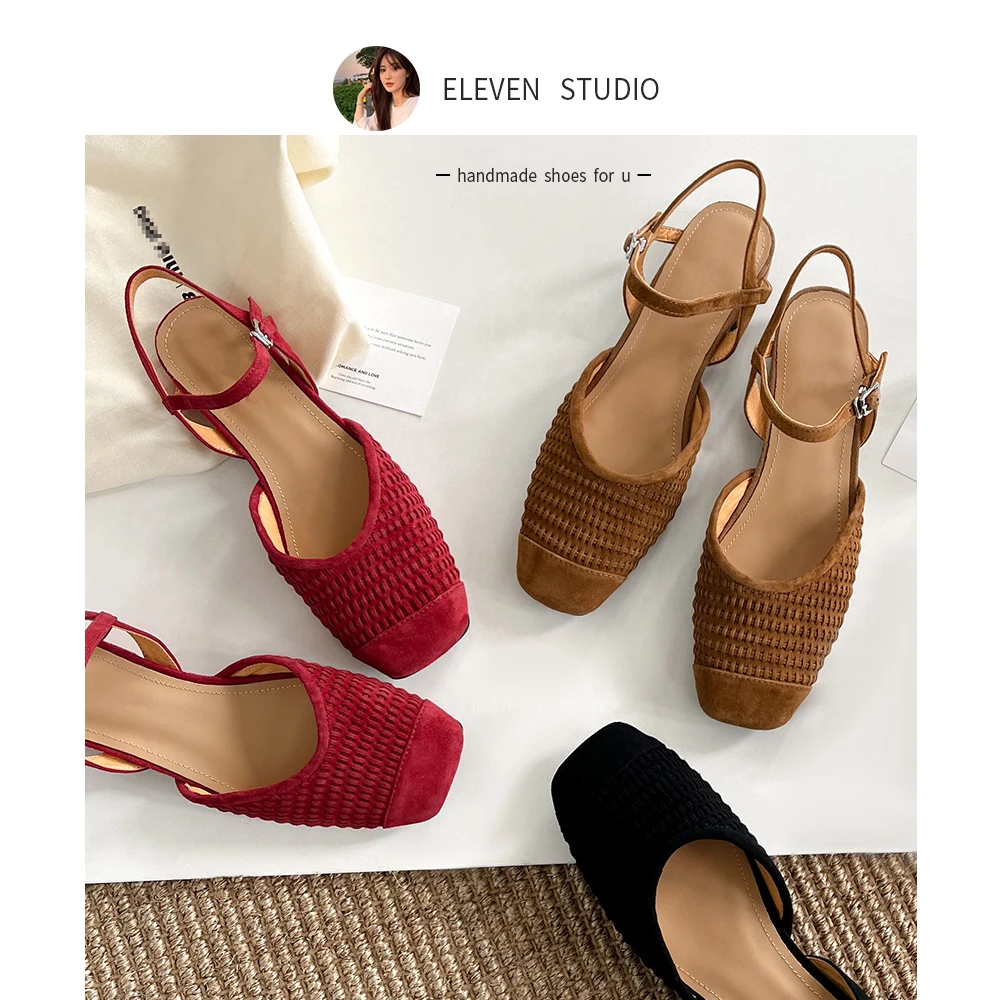 【Elevenshoes】2CM 法式复古编织方头平底度假风包头凉鞋/向往