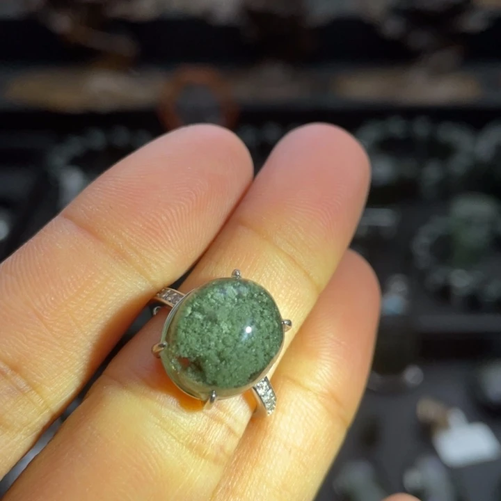 银S925镶嵌水晶戒指绿幽灵女戒指