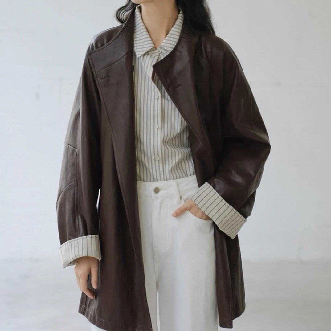 薄款女装皮衣口袋翻领百搭秋季拼接棕色工装风