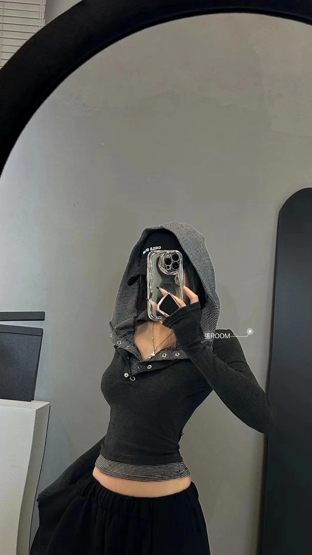 V领连帽拼色修身条纹拼接长袖T恤显瘦百搭辣妹黑色