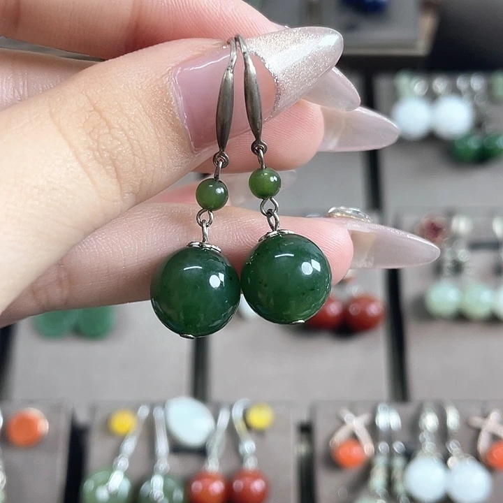 和田玉（碧玉）银S925镶嵌耳饰12左右