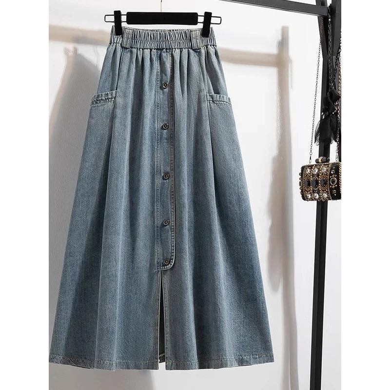 2-300斤大码复古高级感牛仔a字半身裙女胖妹妹高端时髦显瘦中长裙