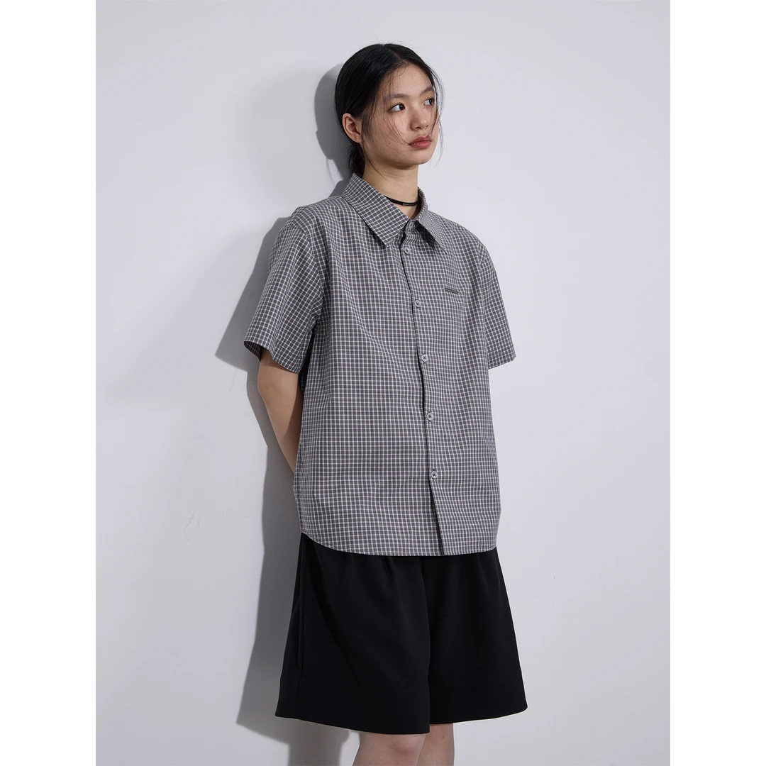 SAMEUOO散养文化【海岛】短款格纹衬衫春夏季男女复古休闲薄款上衣