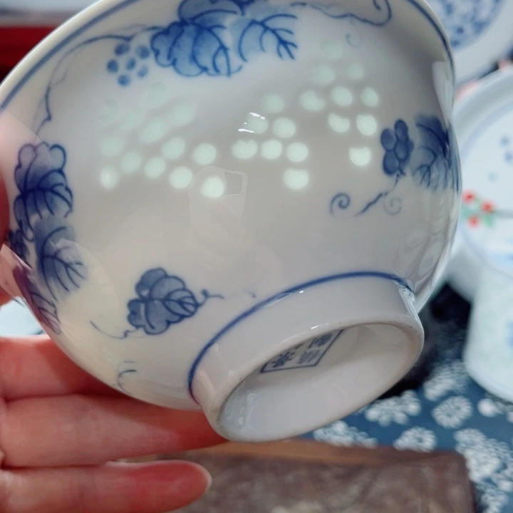 青花玲珑5寸饭碗葡萄