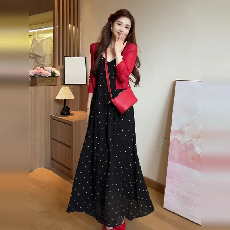 黑色波点吊带连衣裙子女装夏季2025爆款海边度假穿搭套装长裙3100