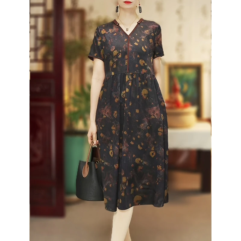 【秋入云山】25新款桑蚕丝连衣裙轻奢时尚夏季大气宽松裙12448