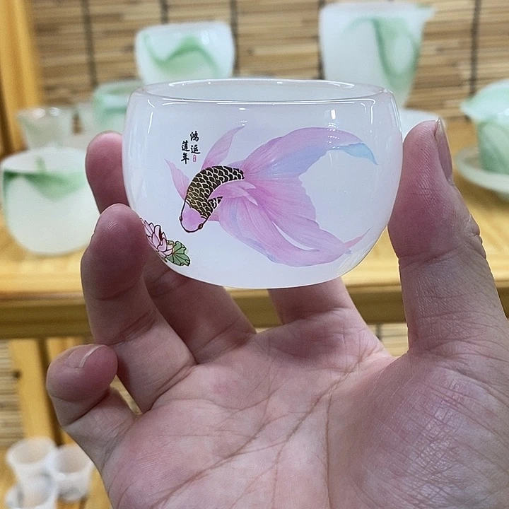 手工艺品琉璃白鱼小杯