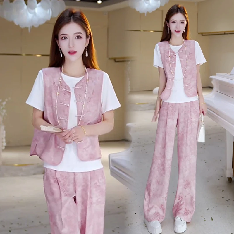 休闲简约气质百搭套装女2025年夏季新款显瘦上衣高腰长裤两件套潮