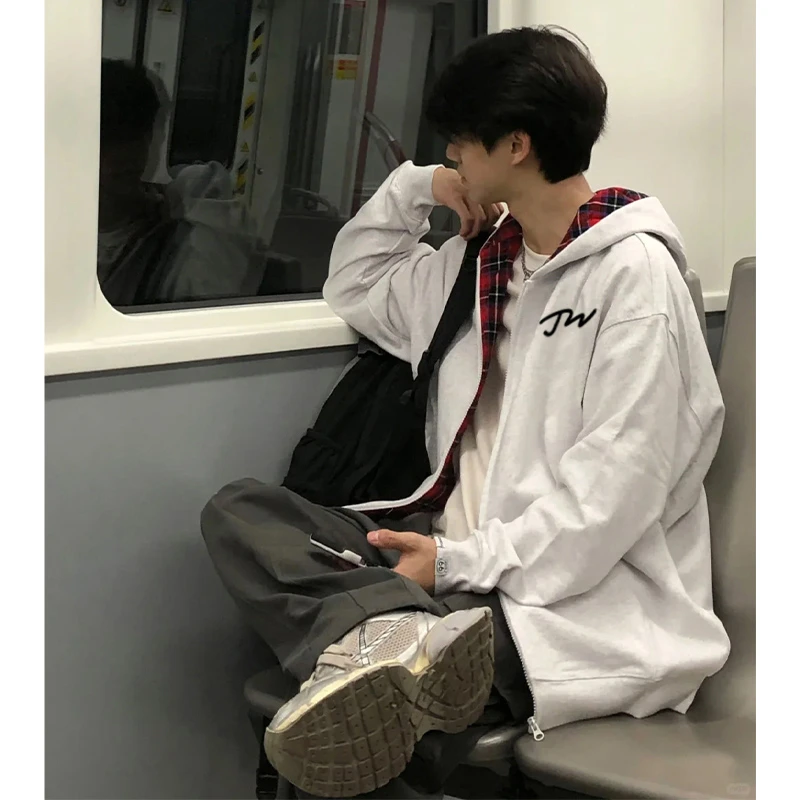 美式简约复古印花拼接格子开衫连帽卫衣秋冬宽松拉链宽松情侣外套