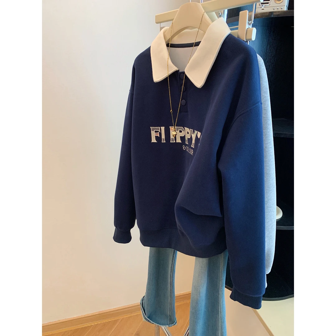 胖妹妹240斤大码字母刺绣拼接翻领卫衣女春秋薄款宽松慵懒风上衣