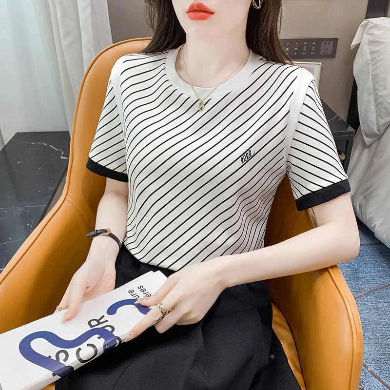法乐琪设计感黑白条纹短袖恤女圆领上衣2025夏季新款别致T恤
