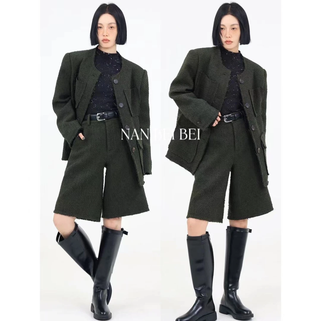 【现货】时尚干练气质毛呢西装短裤两件套装7169