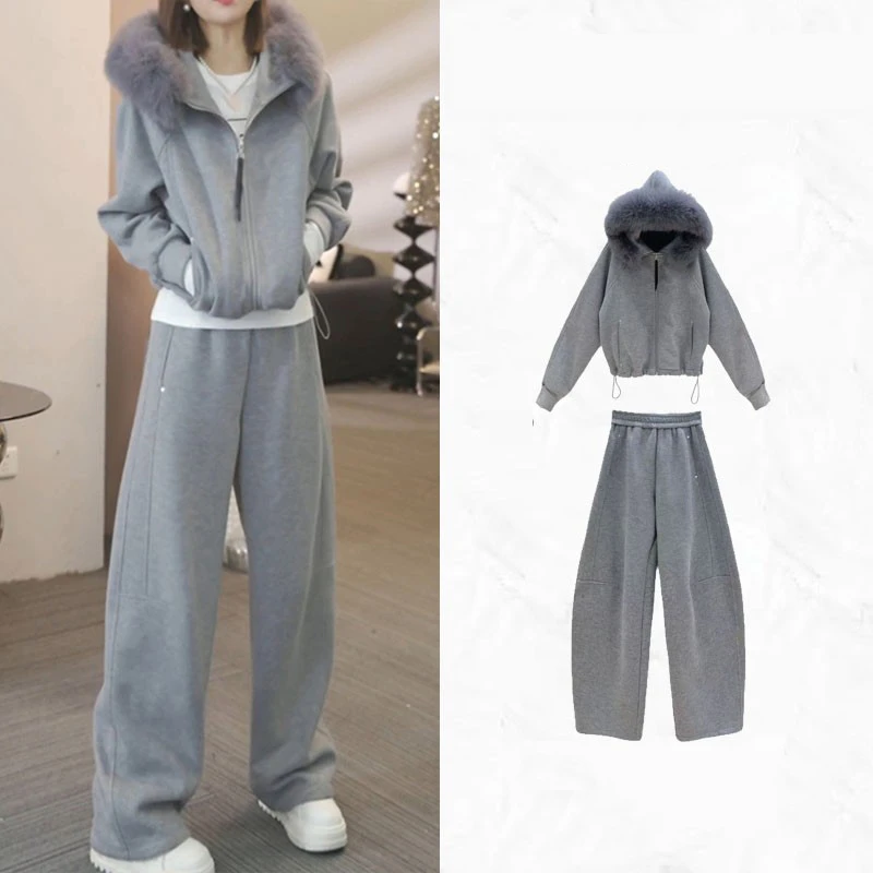 巨好看的两件套冬季穿搭韩式小个子减龄连帽毛领卫衣阔腿裤套装女