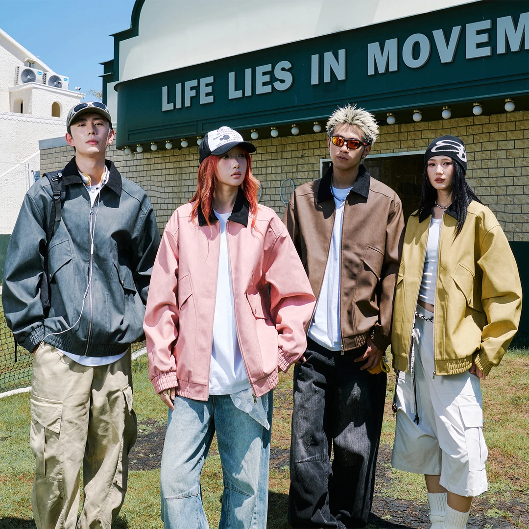 美式休闲美拉德色系灯芯绒拼接复古宽松仿麂皮质感翻领PU夹克外套