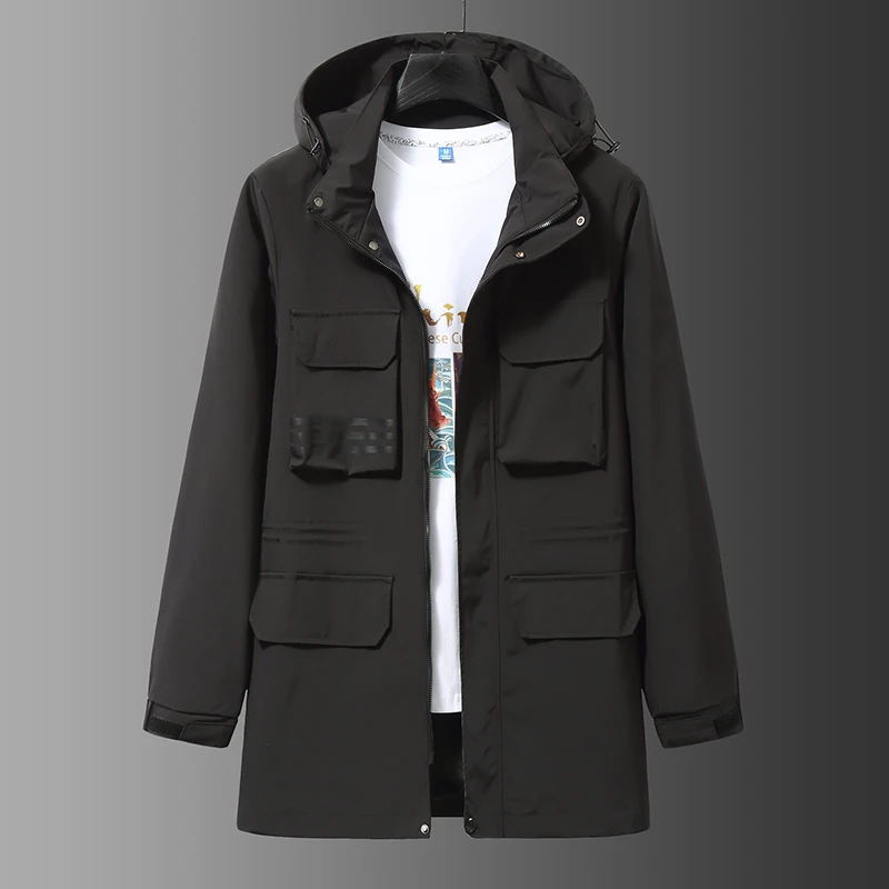 外套男士户外休闲防水连帽防风大码春秋运动宽松中长款风衣外套