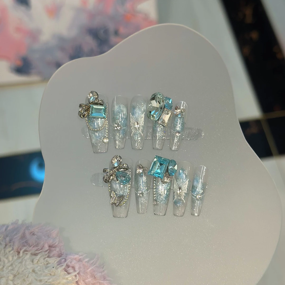 『翡翠海岸』纯手工穿戴甲显白指甲春夏美甲长梯新款爆闪大钻