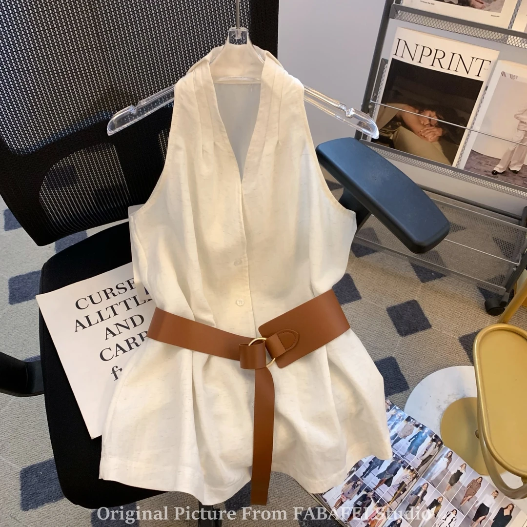 轻熟风法式v领挂脖衬衫女夏季配腰带设计感收腰背心无袖雪纺上衣