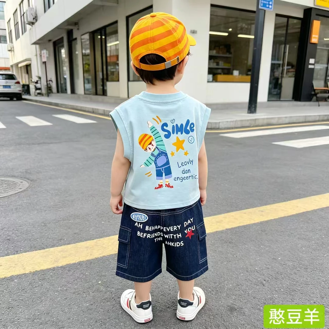 【憨豆羊】儿童夏季深蓝马里奥牛仔中裤824