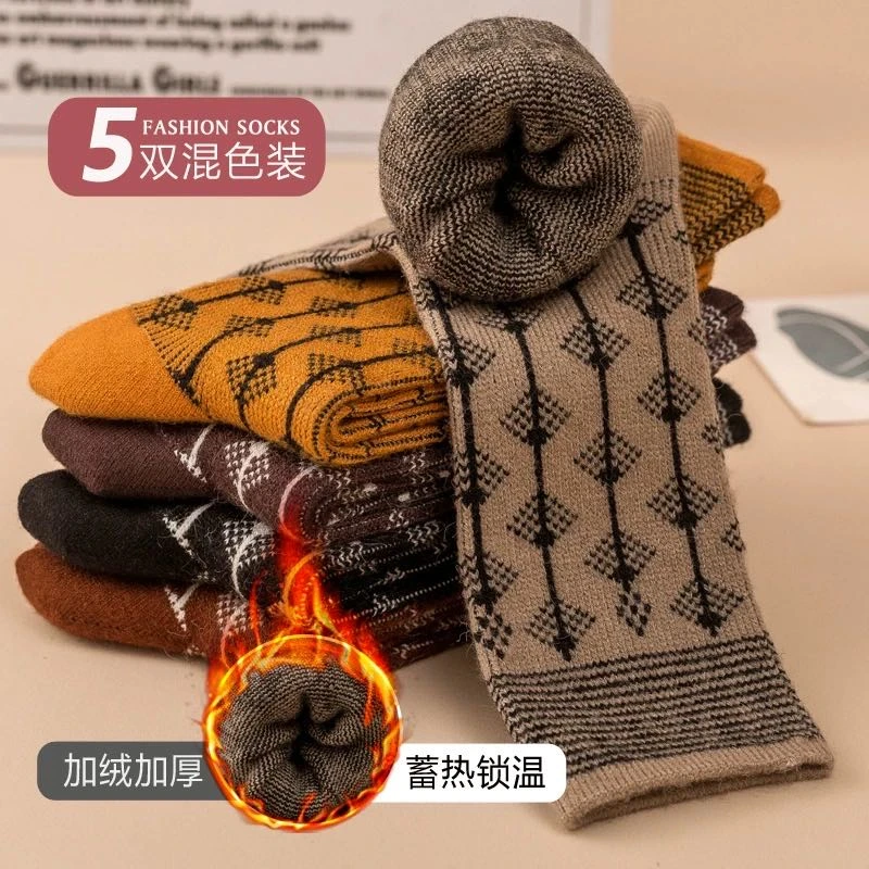 Let's diet双针双路女袜保暖冬季女厚款中筒袜提花港风耐磨不起球