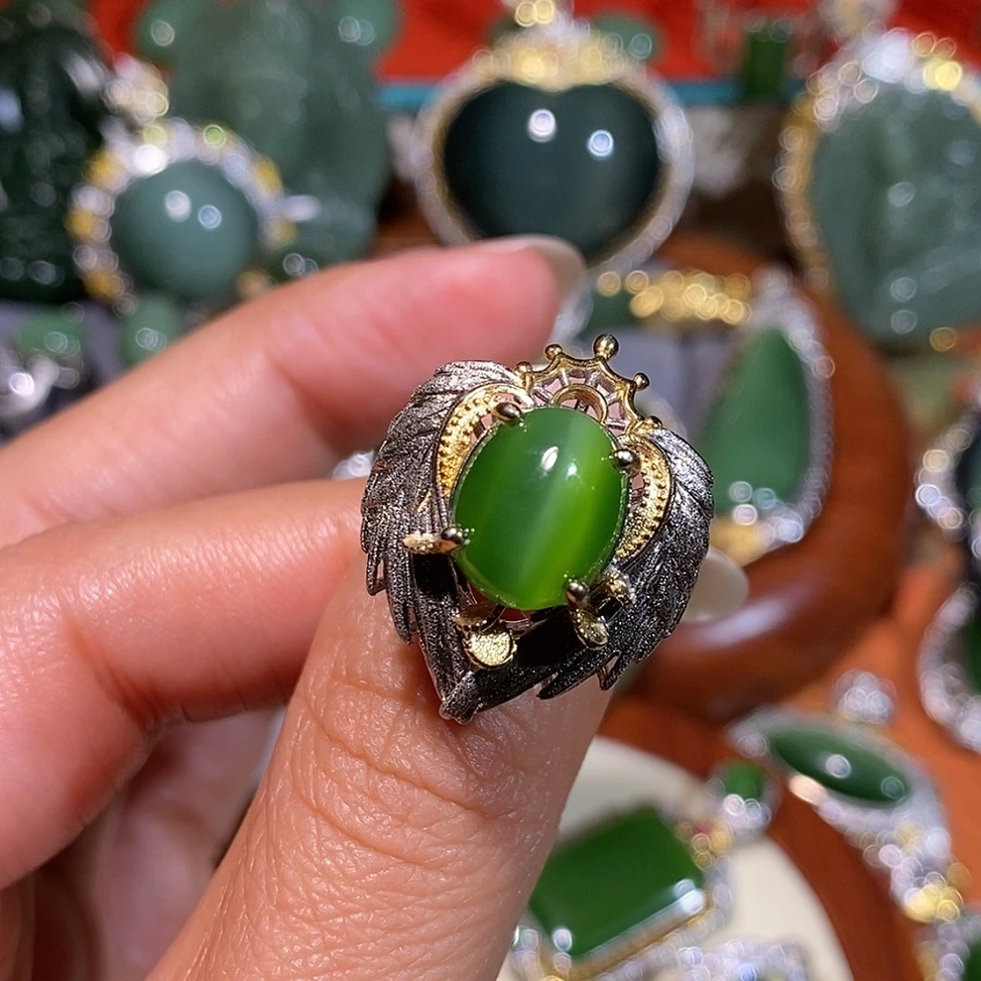 和田玉（碧玉）银S925镀金镶嵌戒指