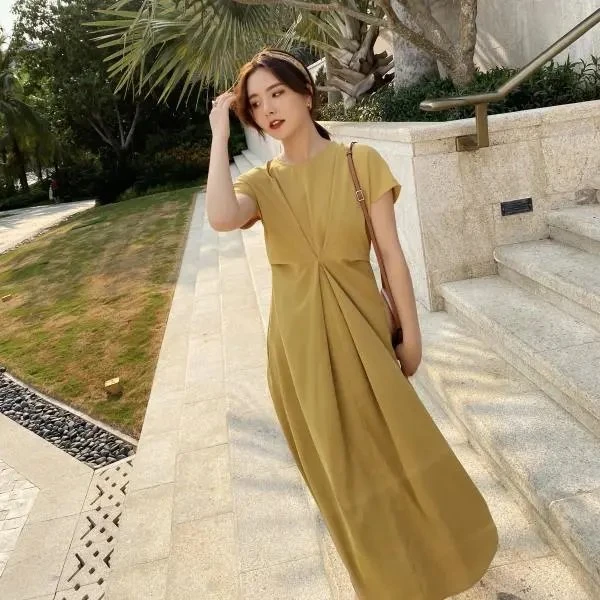 夏季新款时尚连衣裙显瘦气质法式宽松收腰中长款韩版休闲