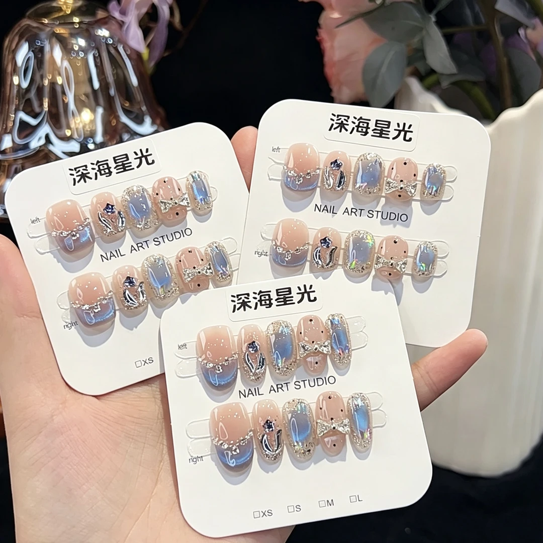 【深海星光】纯手工夏日猫眼爆闪蓝色蝴蝶结显白高级感气质穿戴甲