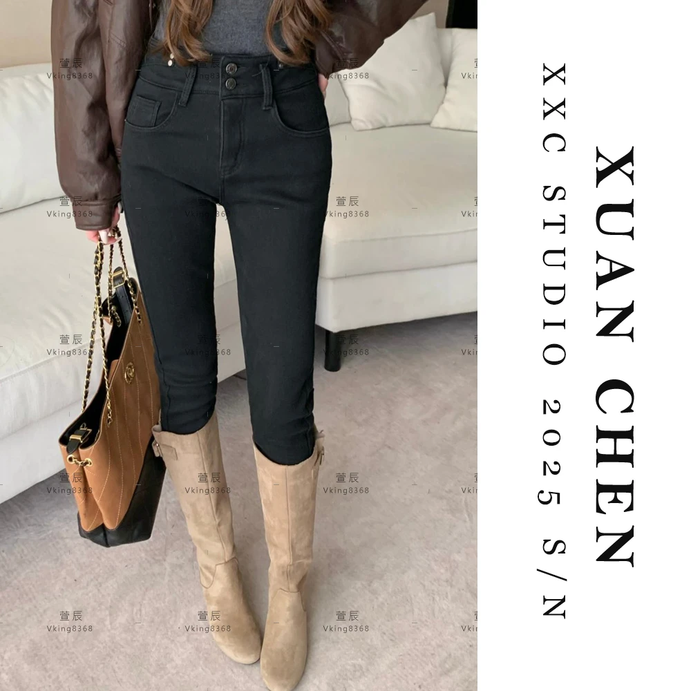 【视觉延长线】牛仔裤女款黑色弹力铅笔裤秋冬加绒女士新款裤子9220