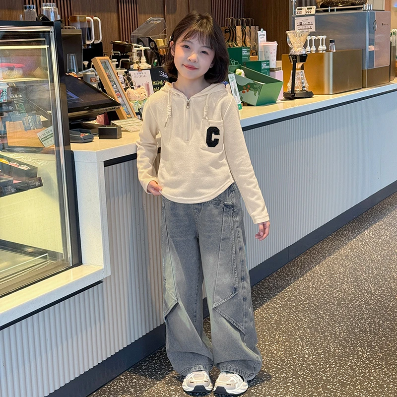 女童套装2025春款酷飒女孩设计感半拉链连帽卫衣飞机牛仔裤两件套