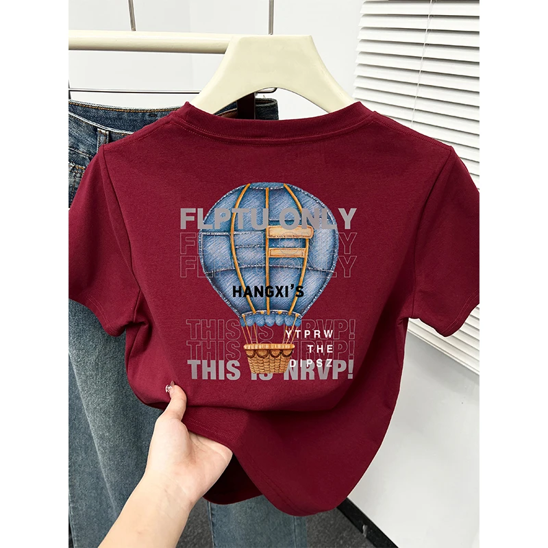 正肩短袖T恤女春夏季新款时尚百搭圆领气球前后印花显瘦小上衣潮