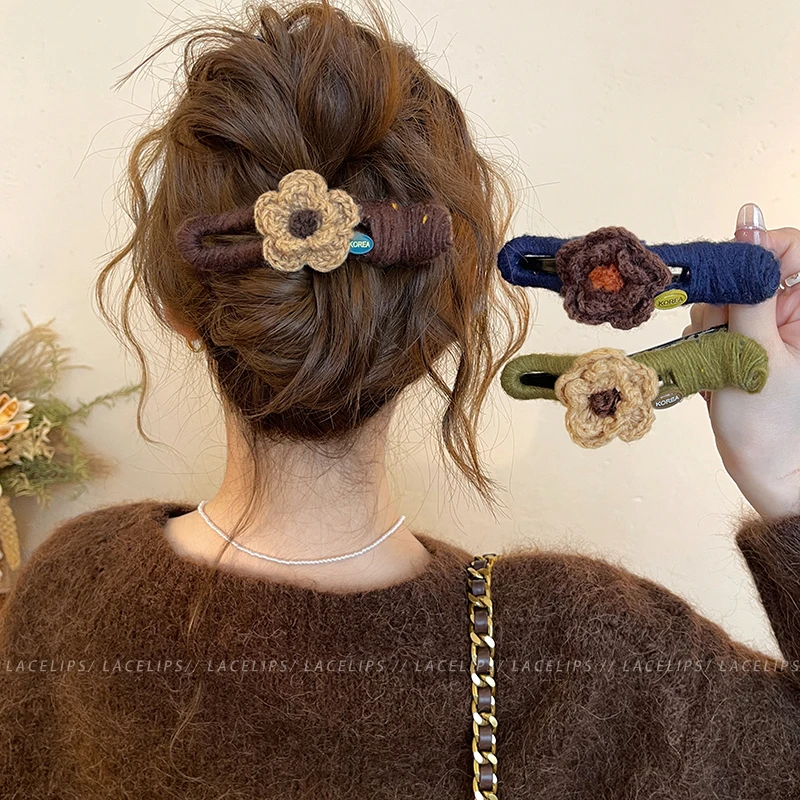 花朵毛线鸭嘴夹发夹女后脑勺大号一字抓夹2025新款高端盘发头饰秋