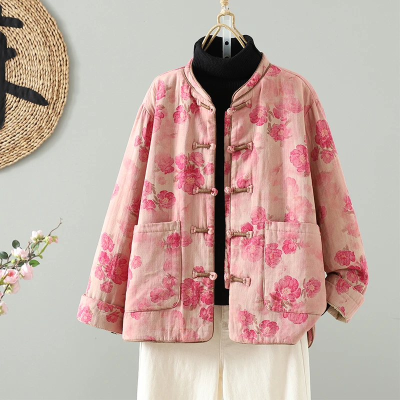 【桃花朵朵】新中式盘扣粉色印花夹棉短款保暖棉服女2025冬新款复古