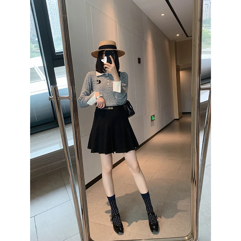 MYL 时尚百褶半身裙2022春秋新品高腰纯色A摆通勤短裙黑色A字裙