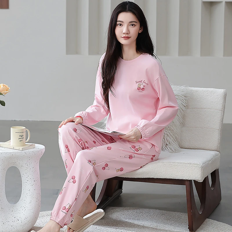 新款100%纯棉加厚秋冬保暖长袖睡衣女可外穿百搭简约风纯棉家居服