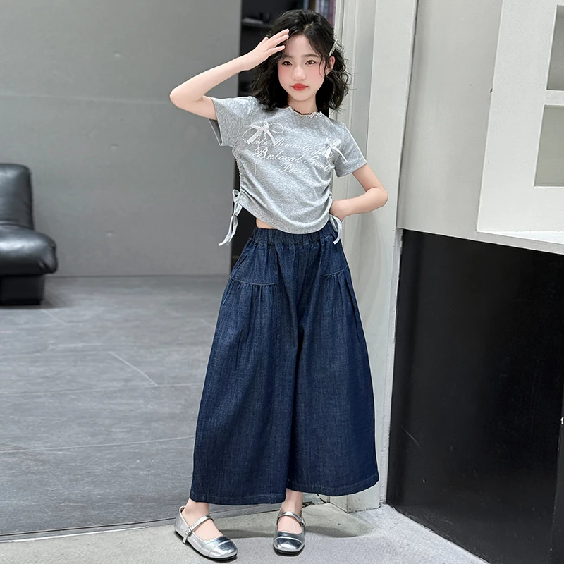女童夏装套装2025新款洋气t中大童儿童夏款T短袖牛仔阔腿裤两件套