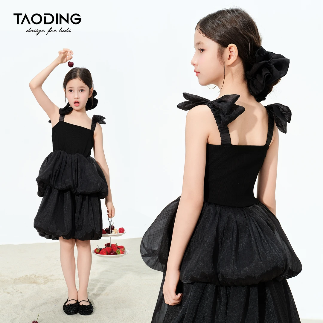 淘町女童连衣裙夏季新款赫本风吊带小礼服黑色时尚洋气千金公主裙