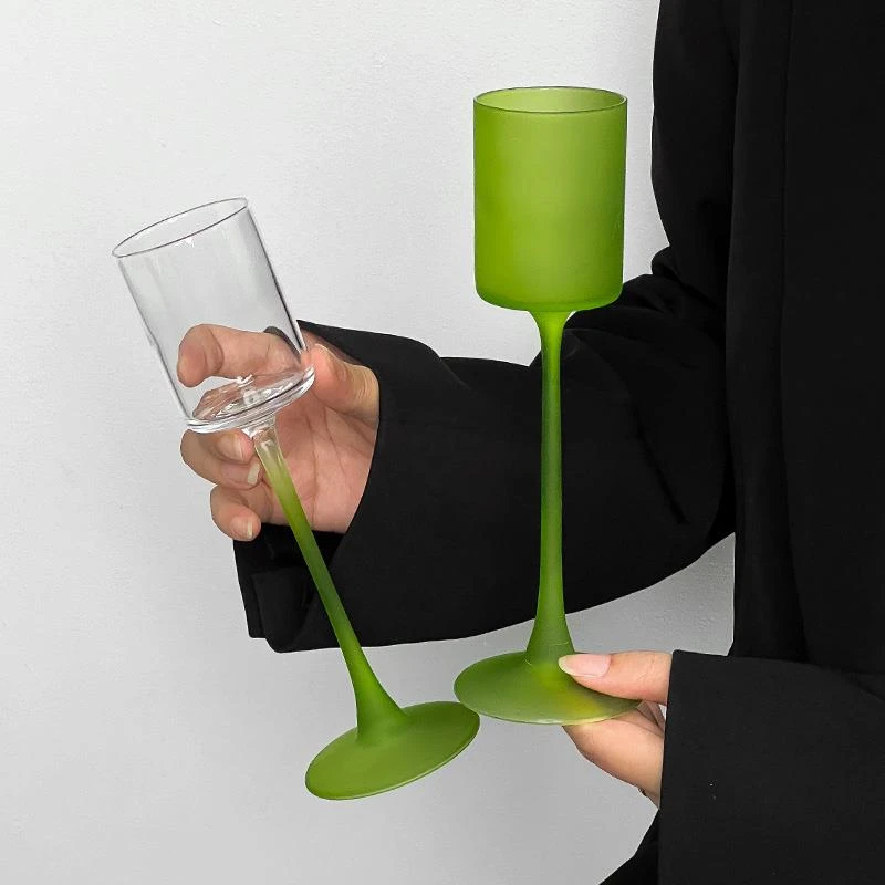 复古磨砂绿直筒玻璃高脚杯鸡尾酒杯小众高级感香槟杯甜酒杯果汁杯