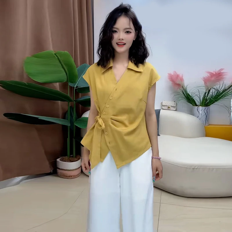 韩版时尚套装女士2025年夏季新款洋气显瘦衬衣高腰阔腿裤两件套潮