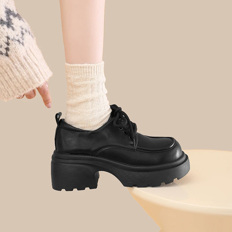 厚底小皮鞋女2025春夏新款复古英伦风增高黑色学院jk鞋松糕乐福鞋