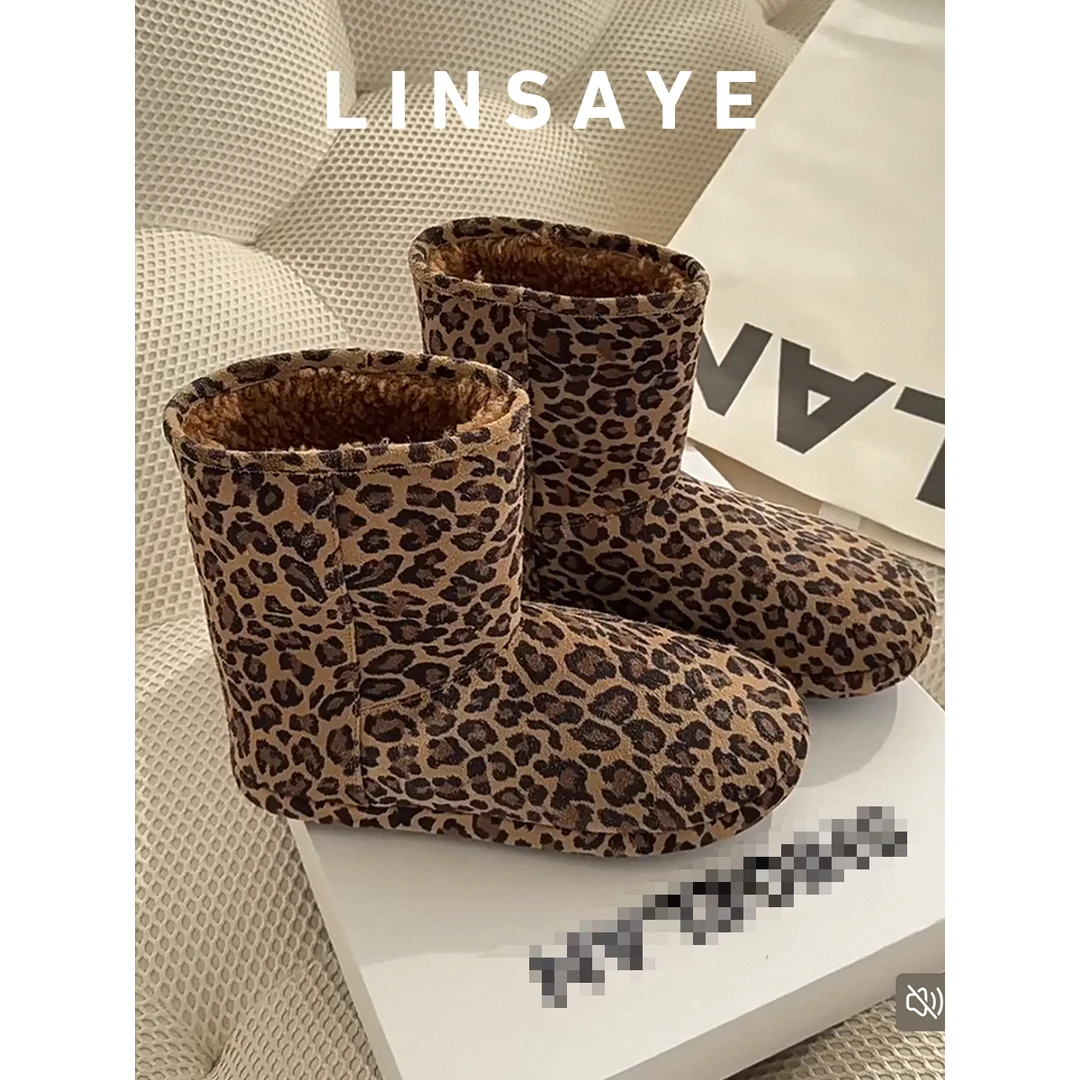 2025年秋冬新款真皮豹纹雪地靴女平底防滑短筒保暖棉鞋短靴女靴子