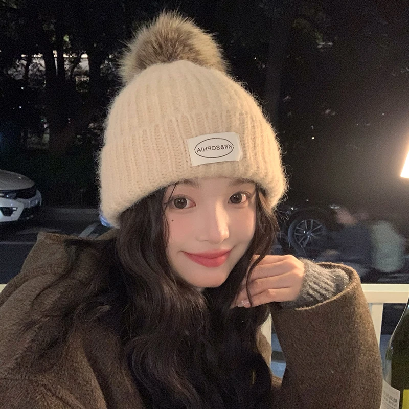 帽子女冬季保暖羊毛混纺针织帽可爱毛球韩版休闲加厚大头围毛线帽