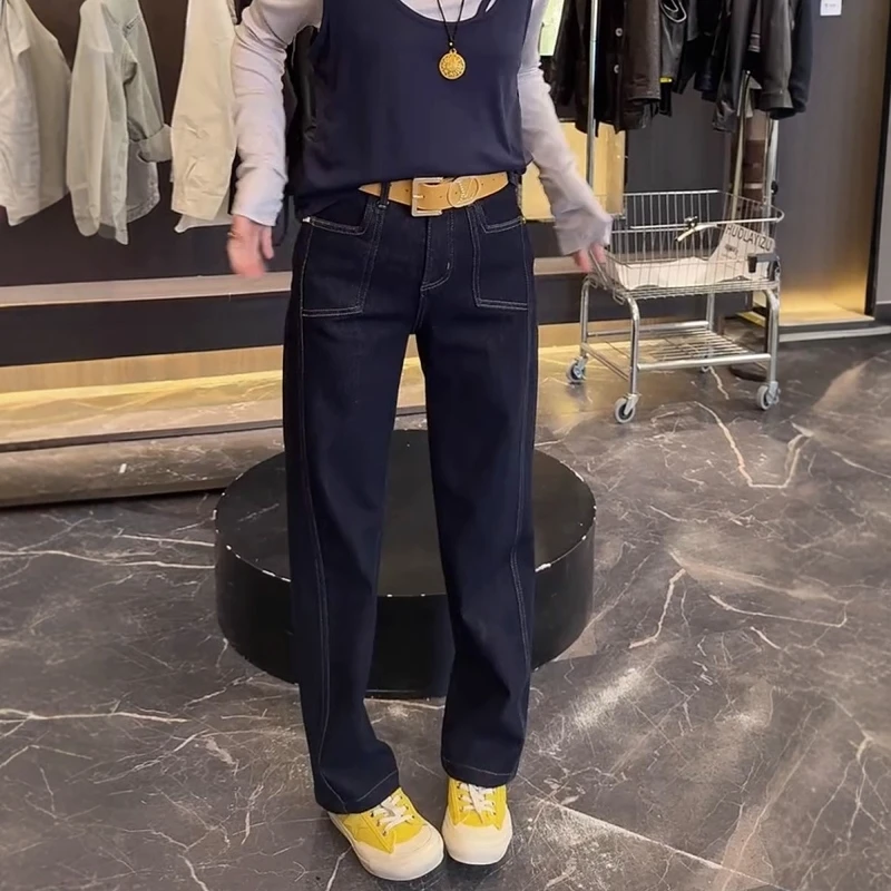 大码百搭高腰显瘦遮胯直筒牛仔裤2025新款复古宽松深蓝色阔腿裤女