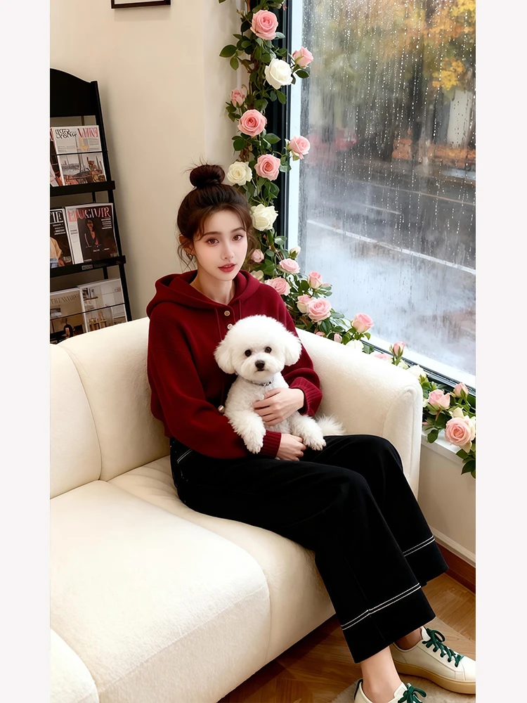 慵懒风洋气时尚洋气百搭女装红色毛衣秋冬季新款高腰半身裙两件套